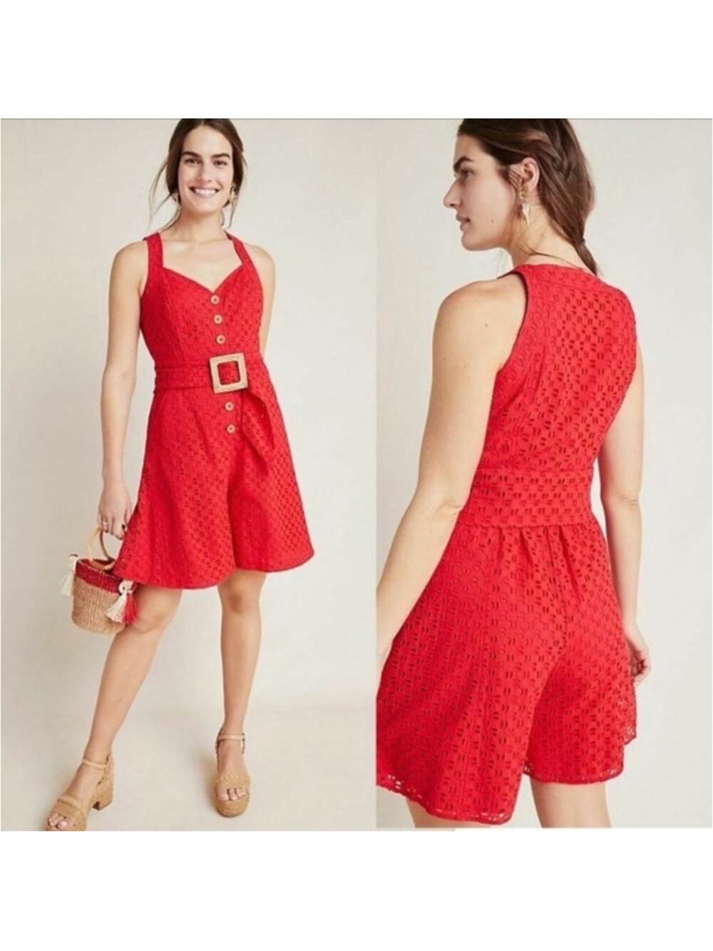 Anthropologie Belted Eyelet Red Romper size 2